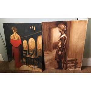 Acrylic Painting Pair Woman Red Dress and Woman Chair Moody Unsigned